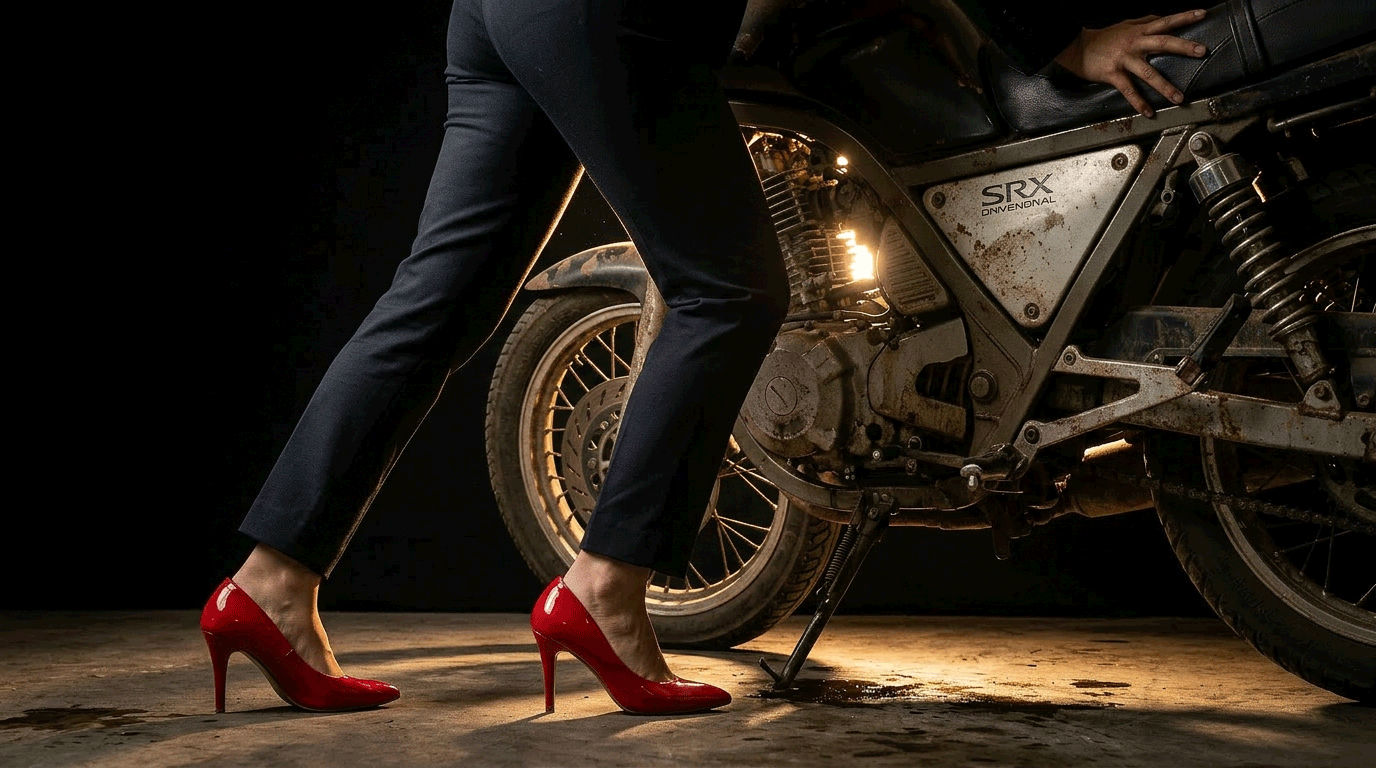 Piernas de mujer con tacos rojos junto a una Yamaha SRX en un entorno oscuro